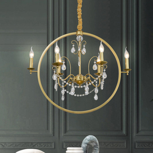 Metallic Golden Ceiling Pendant Circular 6/8-Head Colonial Style Chandelier Light with Crystal Draping 6 Gold