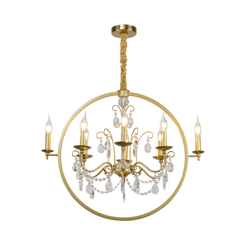 Metallic Golden Ceiling Pendant Circular 6/8-Head Colonial Style Chandelier Light with Crystal Draping Clearhalo 'Ceiling Lights' 'Chandeliers' Lighting' options 1795542