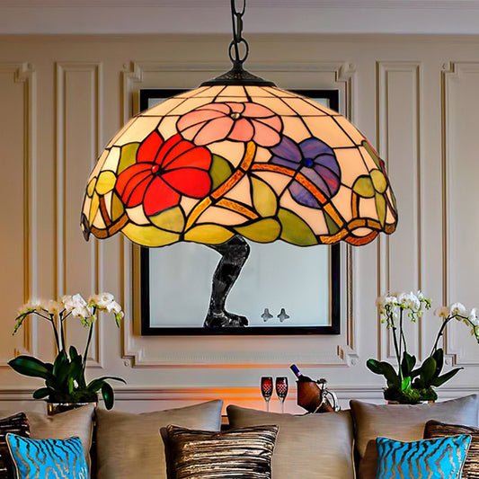 Floral Suspension Light Tiffany Stained Glass 1 Head Black Pendent Ceiling Light for Living Room Clearhalo 'Ceiling Lights' 'Industrial' 'Middle Century Pendants' 'Pendant Lights' 'Pendants' 'Tiffany close to ceiling' 'Tiffany Pendants' 'Tiffany' Lighting' 179558