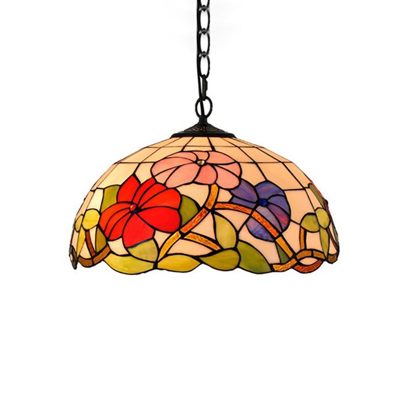Floral Suspension Light Tiffany Stained Glass 1 Head Black Pendent Ceiling Light for Living Room Clearhalo 'Ceiling Lights' 'Industrial' 'Middle Century Pendants' 'Pendant Lights' 'Pendants' 'Tiffany close to ceiling' 'Tiffany Pendants' 'Tiffany' Lighting' 179559