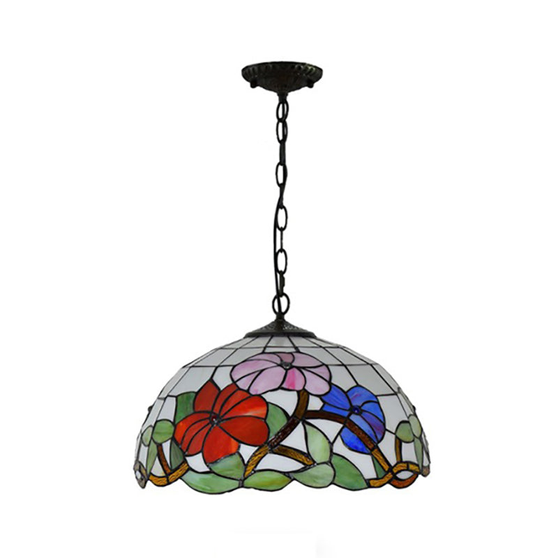 Floral Suspension Light Tiffany Stained Glass 1 Head Black Pendent Ceiling Light for Living Room Clearhalo 'Ceiling Lights' 'Industrial' 'Middle Century Pendants' 'Pendant Lights' 'Pendants' 'Tiffany close to ceiling' 'Tiffany Pendants' 'Tiffany' Lighting' 179561
