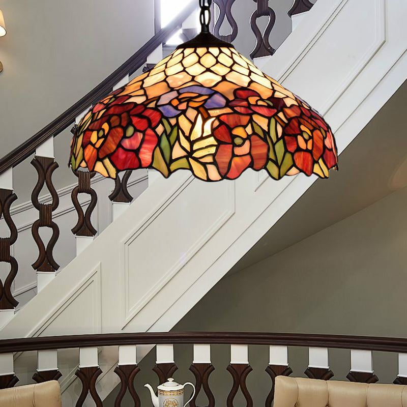 1 Bulb Wide Flare Pendant Lighting Tiffany -Style Black Stained Art Glass Hanging Ceiling Light Clearhalo 'Ceiling Lights' 'Industrial' 'Middle Century Pendants' 'Pendant Lights' 'Pendants' 'Tiffany close to ceiling' 'Tiffany Pendants' 'Tiffany' Lighting' 179572