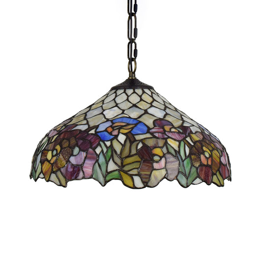1 Bulb Wide Flare Pendant Lighting Tiffany -Style Black Stained Art Glass Hanging Ceiling Light Clearhalo 'Ceiling Lights' 'Industrial' 'Middle Century Pendants' 'Pendant Lights' 'Pendants' 'Tiffany close to ceiling' 'Tiffany Pendants' 'Tiffany' Lighting' 179575