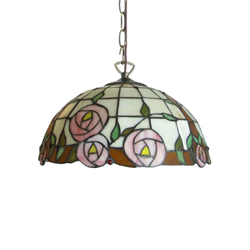 Beige Hand Cut Glass Hemisphere Suspension Light Tiffany 1 Bulb Ceiling Hanging Light with Flower Design Clearhalo 'Ceiling Lights' 'Close To Ceiling Lights' 'Industrial' 'Middle Century Pendants' 'Pendant Lights' 'Pendants' 'Tiffany close to ceiling' 'Tiffany Pendants' 'Tiffany' Lighting' 179580