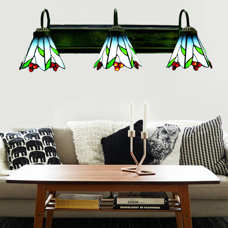 Blue Lily Sconce Light Tiffany 3 Heads Multicolor Stained Glass Wall Mounted Light for Living Room Blue Clearhalo 'Industrial' 'Middle century wall lights' 'Tiffany wall lights' 'Tiffany' 'Wall Lamps & Sconces' 'Wall Lights' Lighting' 179581