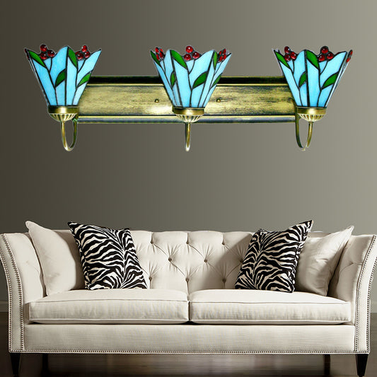 Blue Lily Sconce Light Tiffany 3 Heads Multicolor Stained Glass Wall Mounted Light for Living Room Clearhalo 'Industrial' 'Middle century wall lights' 'Tiffany wall lights' 'Tiffany' 'Wall Lamps & Sconces' 'Wall Lights' Lighting' 179582