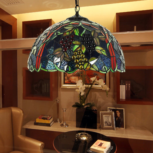 Bowl Hanging Lamp Victorian Blue Stained Glass 1 Head Pendant Light Fixture for Bedroom Clearhalo 'Ceiling Lights' 'Chandeliers' 'Industrial' 'Middle Century Pendants' 'Pendant Lights' 'Pendants' 'Tiffany close to ceiling' 'Tiffany Pendants' 'Tiffany' Lighting' 179590