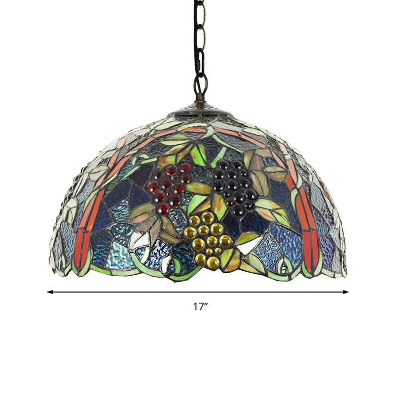 Bowl Hanging Lamp Victorian Blue Stained Glass 1 Head Pendant Light Fixture for Bedroom Clearhalo 'Ceiling Lights' 'Chandeliers' 'Industrial' 'Middle Century Pendants' 'Pendant Lights' 'Pendants' 'Tiffany close to ceiling' 'Tiffany Pendants' 'Tiffany' Lighting' 179592