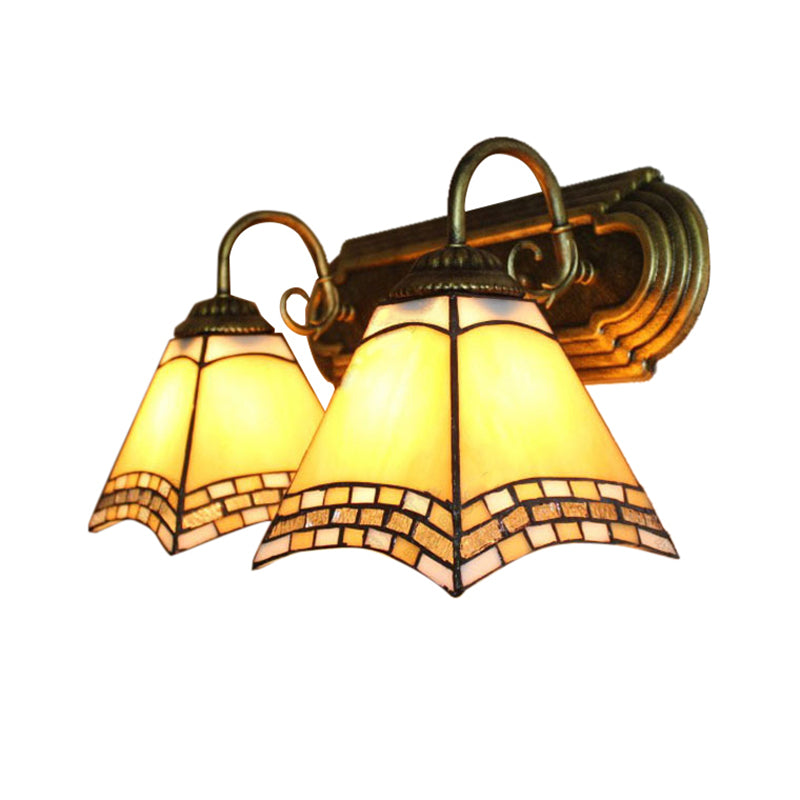 Tiffany Loft Pyramid Wall Light Stained Glass 2 Heads Wall Mount Light in Amber for Bedroom Clearhalo 'Industrial' 'Middle century wall lights' 'Tiffany wall lights' 'Tiffany' 'Wall Lamps & Sconces' 'Wall Lights' Lighting' 179595