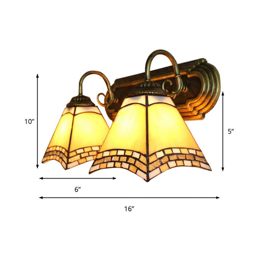 Tiffany Loft Pyramid Wall Light Stained Glass 2 Heads Wall Mount Light in Amber for Bedroom Clearhalo 'Industrial' 'Middle century wall lights' 'Tiffany wall lights' 'Tiffany' 'Wall Lamps & Sconces' 'Wall Lights' Lighting' 179597