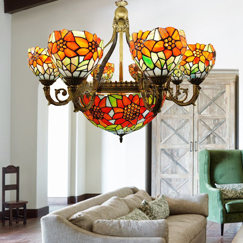 Stained Glass Sunflower Chandelier Multi-Head Rustic Tiffany Hanging Light in Orange for Dining Room Orange Clearhalo 'Ceiling Lights' 'Chandeliers' 'Close To Ceiling Lights' 'Industrial' 'Middle Century Chandeliers' 'Tiffany Chandeliers' 'Tiffany close to ceiling' 'Tiffany' Lighting' 179598