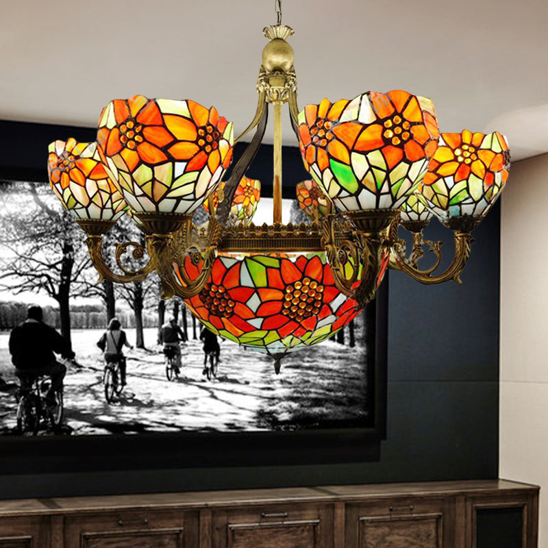 Stained Glass Sunflower Chandelier Multi-Head Rustic Tiffany Hanging Light in Orange for Dining Room Clearhalo 'Ceiling Lights' 'Chandeliers' 'Close To Ceiling Lights' 'Industrial' 'Middle Century Chandeliers' 'Tiffany Chandeliers' 'Tiffany close to ceiling' 'Tiffany' Lighting' 179599