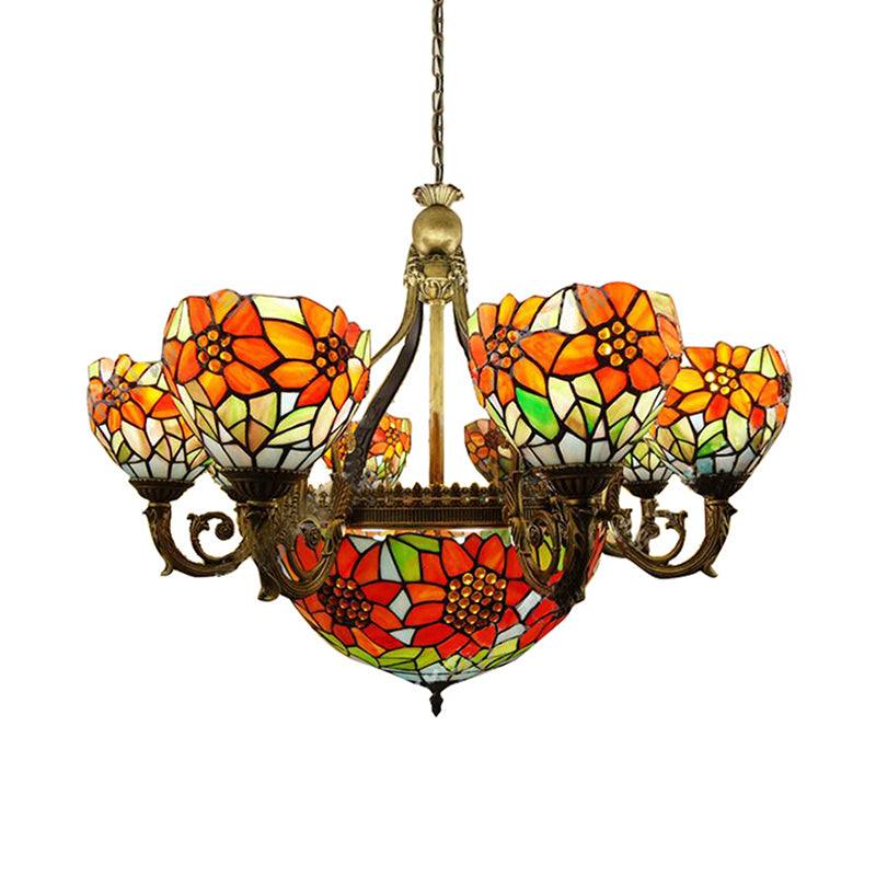 Stained Glass Sunflower Chandelier Multi-Head Rustic Tiffany Hanging Light in Orange for Dining Room Clearhalo 'Ceiling Lights' 'Chandeliers' 'Close To Ceiling Lights' 'Industrial' 'Middle Century Chandeliers' 'Tiffany Chandeliers' 'Tiffany close to ceiling' 'Tiffany' Lighting' 179600