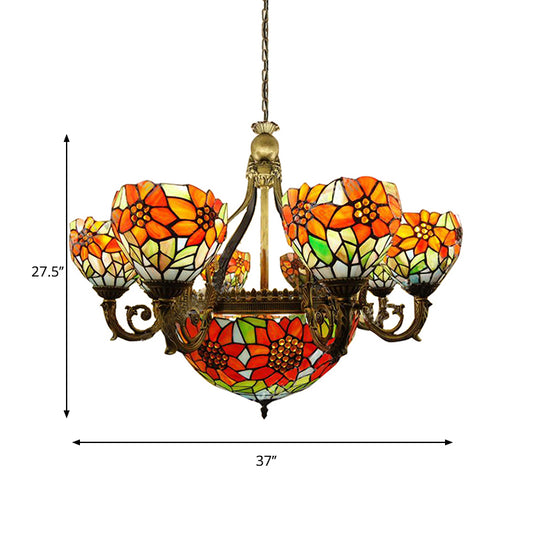 Stained Glass Sunflower Chandelier Multi-Head Rustic Tiffany Hanging Light in Orange for Dining Room Clearhalo 'Ceiling Lights' 'Chandeliers' 'Close To Ceiling Lights' 'Industrial' 'Middle Century Chandeliers' 'Tiffany Chandeliers' 'Tiffany close to ceiling' 'Tiffany' Lighting' 179601