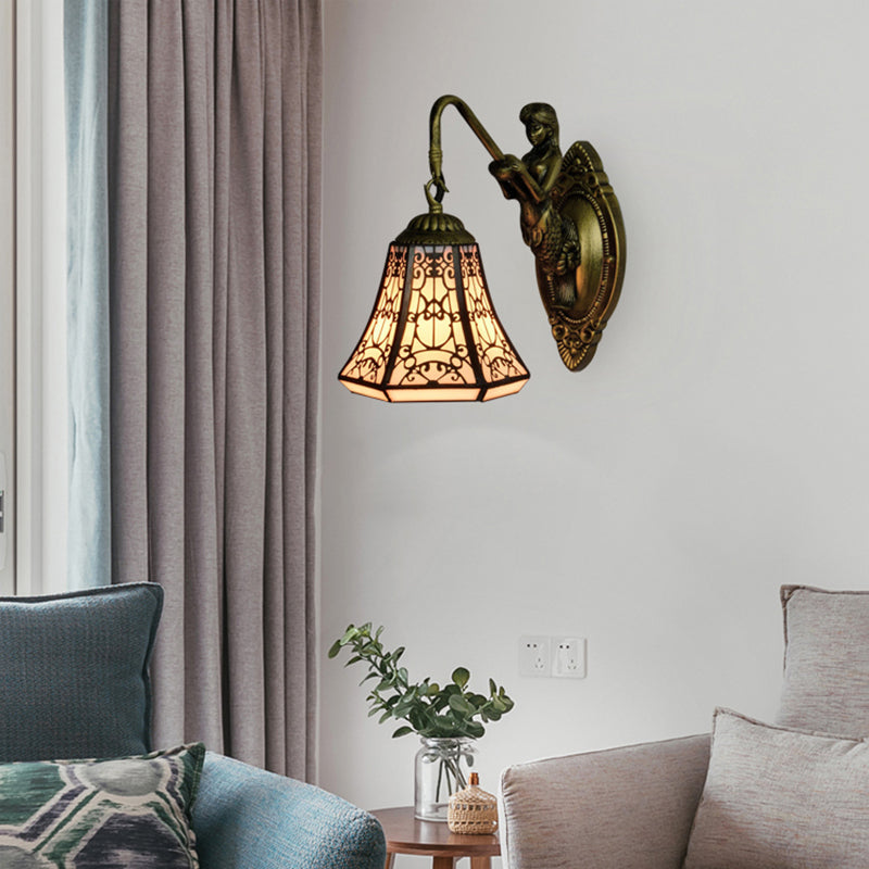 Antique Bronze 1 Head Wall Mounted Light Tiffany White Glass Flared Sconce Lighting Clearhalo 'Industrial' 'Middle century wall lights' 'Tiffany wall lights' 'Tiffany' 'Wall Lamps & Sconces' 'Wall Lights' Lighting' 179607