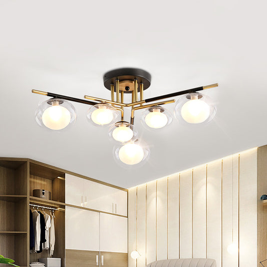 Dining Room Oval Shade Ceiling Fixture Glass and Metal Contemporary Gold Semi Flush Mount Light 6 Gold Clearhalo 'Ceiling Lights' 'Close To Ceiling Lights' 'Close to ceiling' 'Glass shade' 'Glass' 'Island Lights' 'Semi-flushmount' Lighting' 1796129