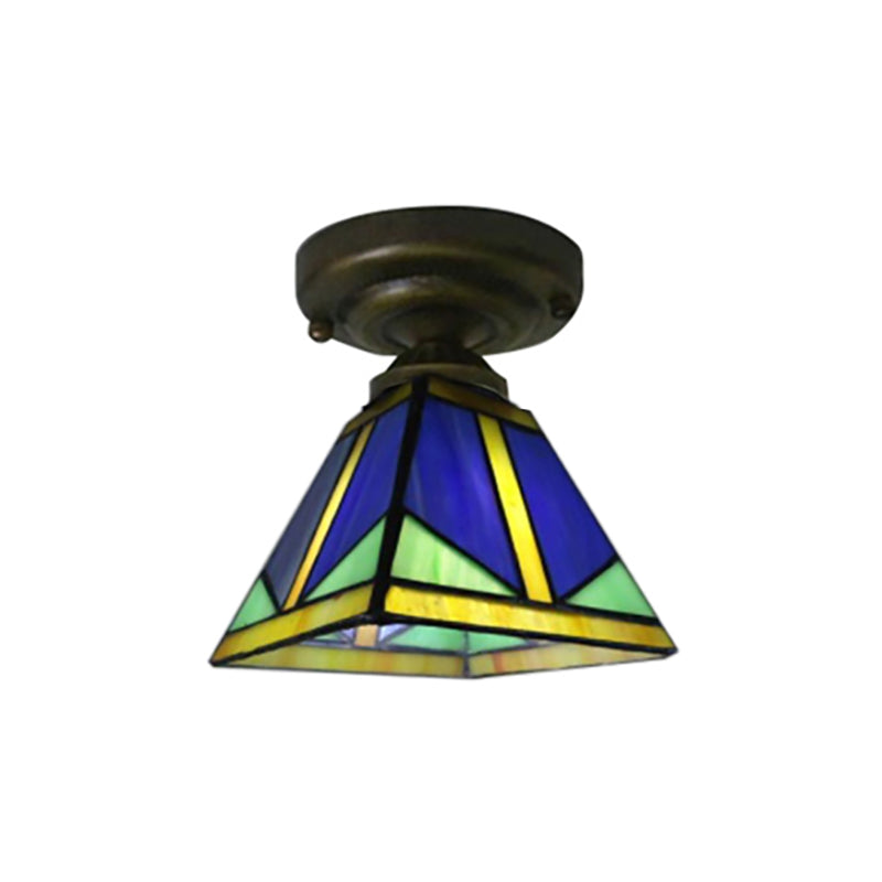 Vintage Tiffany Blue Ceiling Light Pyramid One Light Glass Small Flushmount Light for Hallway Clearhalo 'Ceiling Lights' 'Close To Ceiling Lights' 'Close to ceiling' 'Glass shade' 'Glass' 'Semi-flushmount' 'Tiffany close to ceiling' 'Tiffany' Lighting' 179613