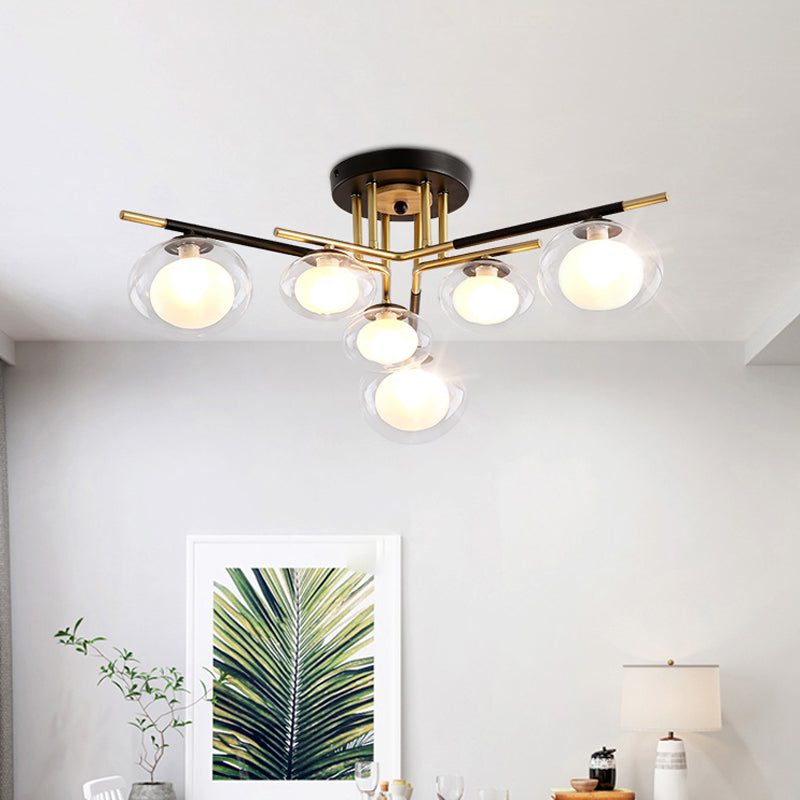 Dining Room Oval Shade Ceiling Fixture Glass and Metal Contemporary Gold Semi Flush Mount Light Clearhalo 'Ceiling Lights' 'Close To Ceiling Lights' 'Close to ceiling' 'Glass shade' 'Glass' 'Island Lights' 'Semi-flushmount' Lighting' 1796130