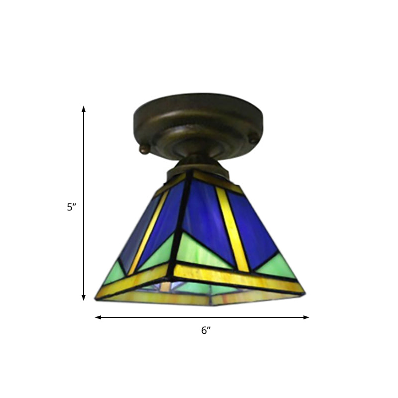 Vintage Tiffany Blue Ceiling Light Pyramid One Light Glass Small Flushmount Light for Hallway Clearhalo 'Ceiling Lights' 'Close To Ceiling Lights' 'Close to ceiling' 'Glass shade' 'Glass' 'Semi-flushmount' 'Tiffany close to ceiling' 'Tiffany' Lighting' 179614