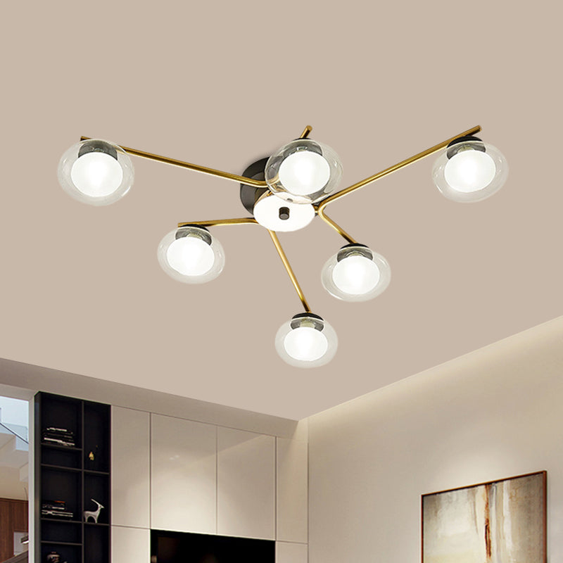 Modern Oval Shade Ceiling Lamp Multi-Head Metal Semi Flush Mount Light for Dining Table 6 Gold Clearhalo 'Ceiling Lights' 'Close To Ceiling Lights' 'Close to ceiling' 'Glass shade' 'Glass' 'Semi-flushmount' Lighting' 1796144