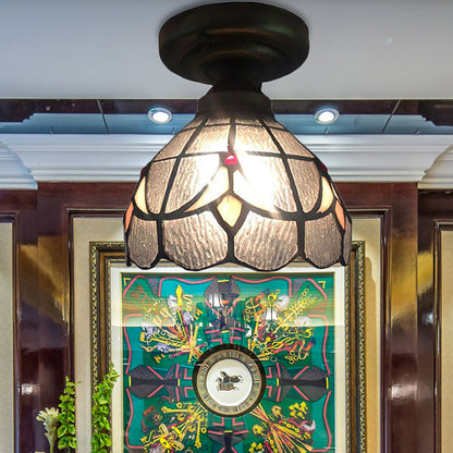 Clear Grid Bowl Ceiling Mount Light 1 Bulb Tiffany Glass Small Ceiling Fixture for Corridor Clear Clearhalo 'Ceiling Lights' 'Close To Ceiling Lights' 'Close to ceiling' 'Glass shade' 'Glass' 'Semi-flushmount' 'Tiffany close to ceiling' 'Tiffany' Lighting' 179615