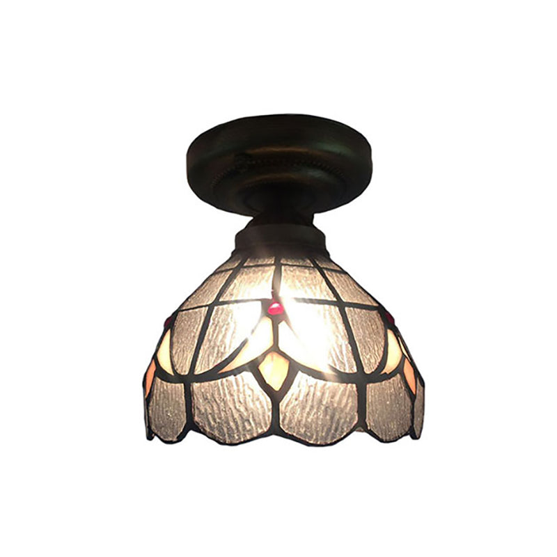Clear Grid Bowl Ceiling Mount Light 1 Bulb Tiffany Glass Small Ceiling Fixture for Corridor Clearhalo 'Ceiling Lights' 'Close To Ceiling Lights' 'Close to ceiling' 'Glass shade' 'Glass' 'Semi-flushmount' 'Tiffany close to ceiling' 'Tiffany' Lighting' 179617