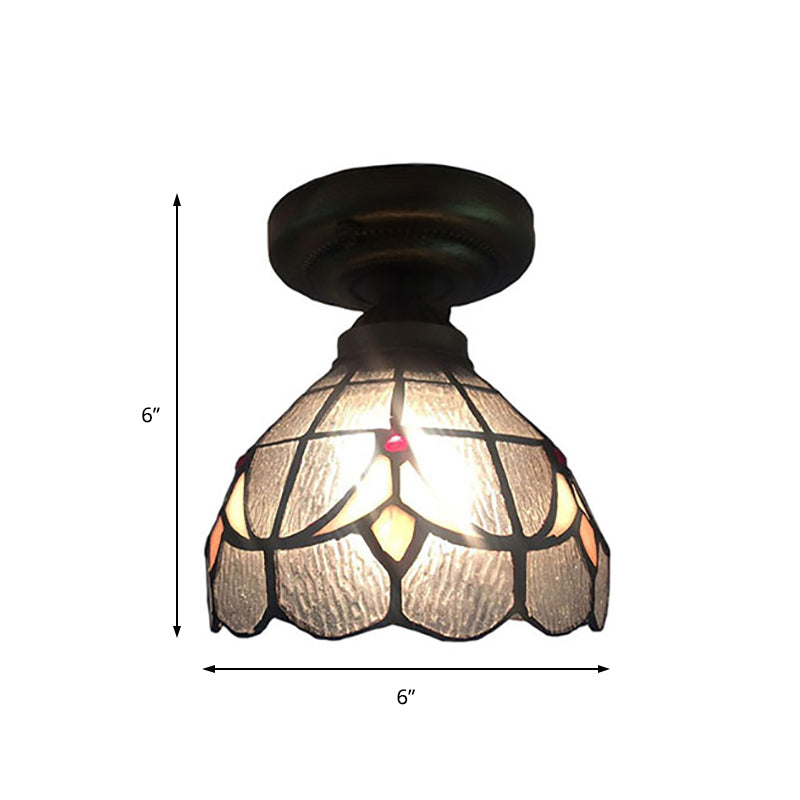 Clear Grid Bowl Ceiling Mount Light 1 Bulb Tiffany Glass Small Ceiling Fixture for Corridor Clearhalo 'Ceiling Lights' 'Close To Ceiling Lights' 'Close to ceiling' 'Glass shade' 'Glass' 'Semi-flushmount' 'Tiffany close to ceiling' 'Tiffany' Lighting' 179618