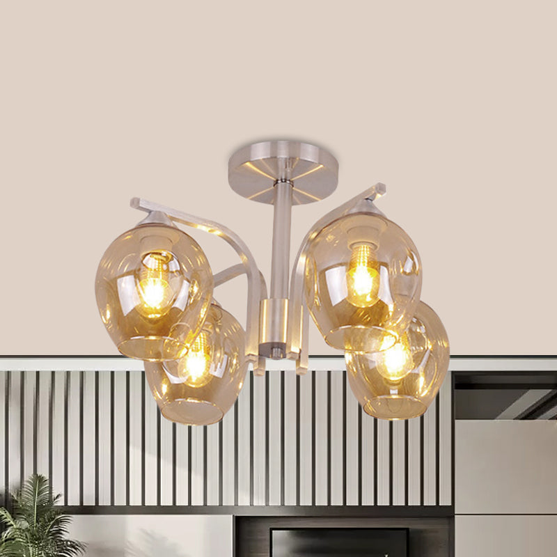 4 Heads Bud Shade Ceiling Light Contemporary Semi Flushmount Light for Dining Room Bedroom Amber Clearhalo 'Ceiling Lights' 'Close To Ceiling Lights' 'Close to ceiling' 'Glass shade' 'Glass' 'Semi-flushmount' Lighting' 1796181
