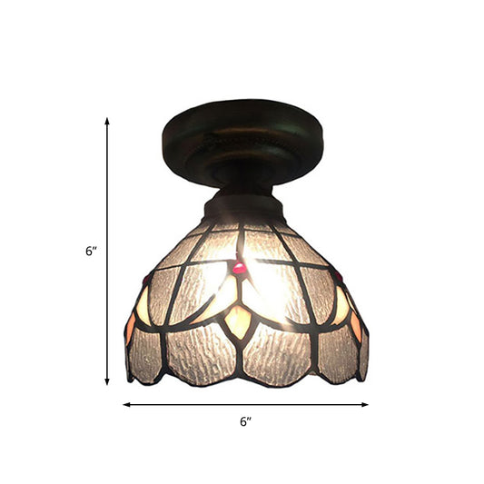 Clear Grid Bowl Ceiling Mount Light 1 Bulb Tiffany Glass Small Ceiling Fixture for Corridor Clearhalo 'Ceiling Lights' 'Close To Ceiling Lights' 'Close to ceiling' 'Glass shade' 'Glass' 'Semi-flushmount' 'Tiffany close to ceiling' 'Tiffany' Lighting' 179618
