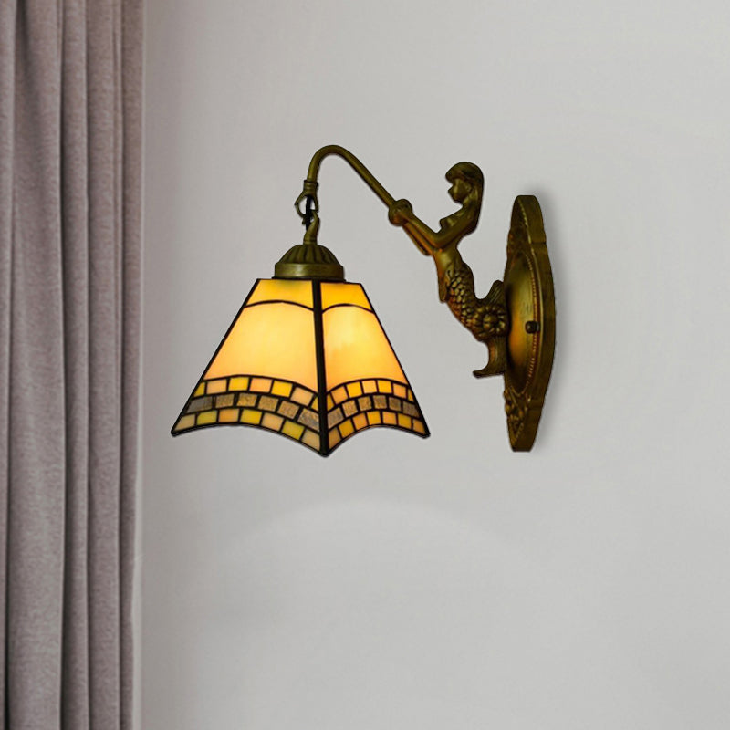 1 Head Wall Light Fixture Tiffany Trapezoid Blue Glass Sconce Lighting with Mermaid Backplate Clearhalo 'Cast Iron' 'Glass' 'Industrial' 'Middle century wall lights' 'Modern' 'Tiffany wall lights' 'Tiffany' 'Traditional wall lights' 'Wall Lamps & Sconces' 'Wall Lights' Lighting' 179620