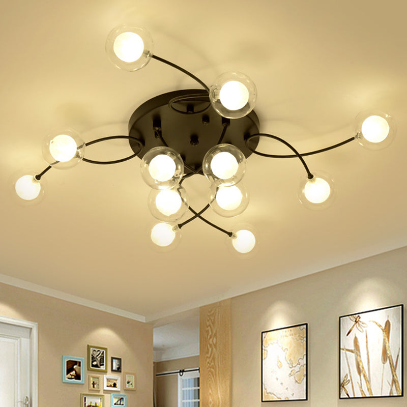 Twist Arm Living Room Ceiling Light Metal Multi-Head Romantic Semi Flushmount Light in Black Clearhalo 'Ceiling Lights' 'Close To Ceiling Lights' 'Close to ceiling' 'Glass shade' 'Glass' 'Semi-flushmount' Lighting' 1796213