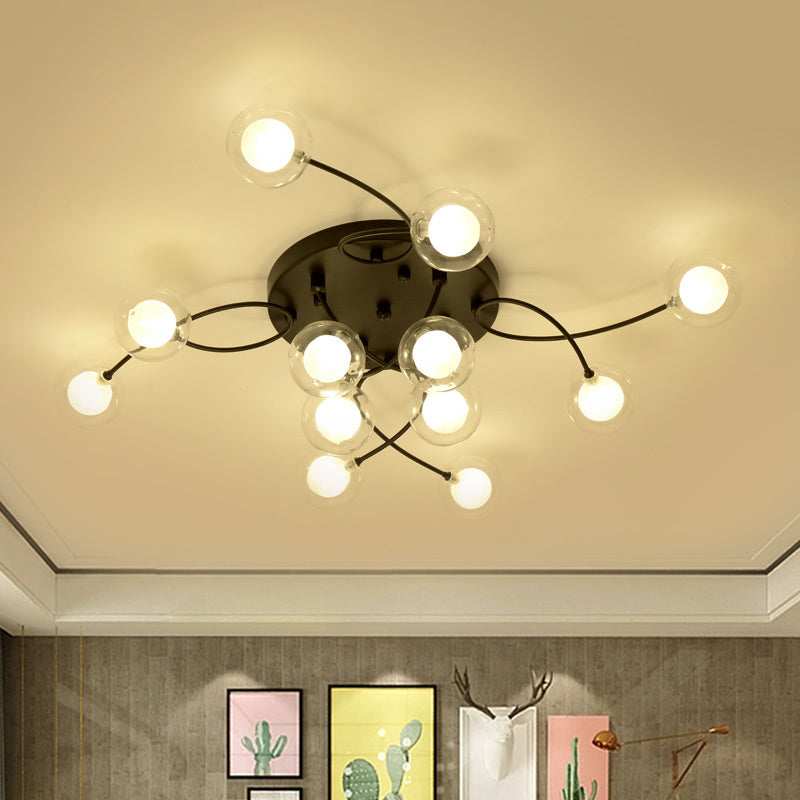 Twist Arm Living Room Ceiling Light Metal Multi-Head Romantic Semi Flushmount Light in Black Clearhalo 'Ceiling Lights' 'Close To Ceiling Lights' 'Close to ceiling' 'Glass shade' 'Glass' 'Semi-flushmount' Lighting' 1796214