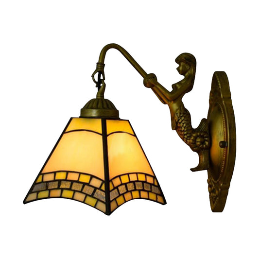 1 Head Wall Light Fixture Tiffany Trapezoid Blue Glass Sconce Lighting with Mermaid Backplate Clearhalo 'Cast Iron' 'Glass' 'Industrial' 'Middle century wall lights' 'Modern' 'Tiffany wall lights' 'Tiffany' 'Traditional wall lights' 'Wall Lamps & Sconces' 'Wall Lights' Lighting' 179621
