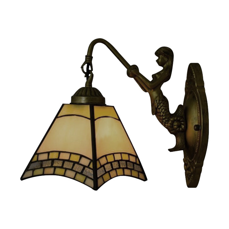 1 Head Wall Light Fixture Tiffany Trapezoid Blue Glass Sconce Lighting with Mermaid Backplate Clearhalo 'Cast Iron' 'Glass' 'Industrial' 'Middle century wall lights' 'Modern' 'Tiffany wall lights' 'Tiffany' 'Traditional wall lights' 'Wall Lamps & Sconces' 'Wall Lights' Lighting' 179622