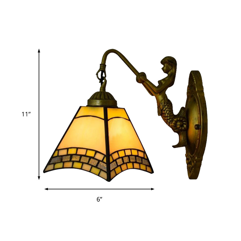 1 Head Wall Light Fixture Tiffany Trapezoid Blue Glass Sconce Lighting with Mermaid Backplate Clearhalo 'Cast Iron' 'Glass' 'Industrial' 'Middle century wall lights' 'Modern' 'Tiffany wall lights' 'Tiffany' 'Traditional wall lights' 'Wall Lamps & Sconces' 'Wall Lights' Lighting' 179623