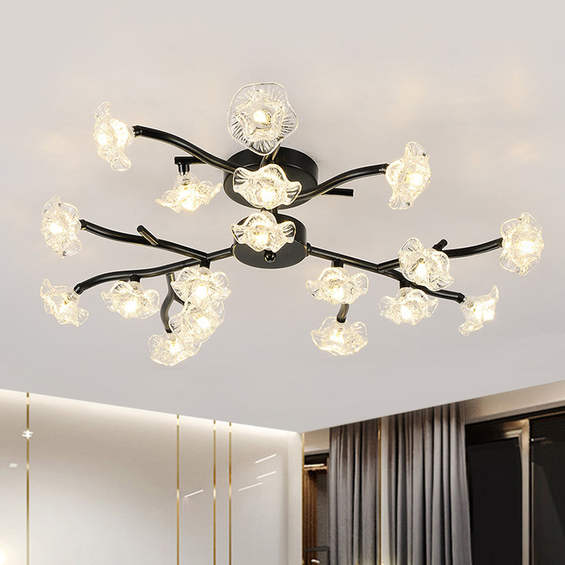 Modern Branch Ceiling Light with Flower Metal Semi Flush Mount Light in Black for Living Room 18 Black Clearhalo 'Ceiling Lights' 'Close To Ceiling Lights' 'Close to ceiling' 'Glass shade' 'Glass' 'Semi-flushmount' Lighting' 1796247