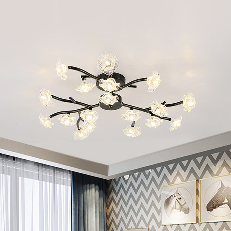 Modern Branch Ceiling Light with Flower Metal Semi Flush Mount Light in Black for Living Room Clearhalo 'Ceiling Lights' 'Close To Ceiling Lights' 'Close to ceiling' 'Glass shade' 'Glass' 'Semi-flushmount' Lighting' 1796248
