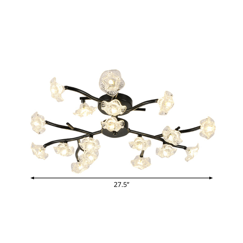 Modern Branch Ceiling Light with Flower Metal Semi Flush Mount Light in Black for Living Room Clearhalo 'Ceiling Lights' 'Close To Ceiling Lights' 'Close to ceiling' 'Glass shade' 'Glass' 'Semi-flushmount' Lighting' 1796251