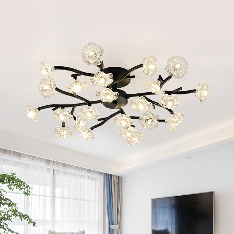 Modern Branch Ceiling Light with Flower Metal Semi Flush Mount Light in Black for Living Room 24 Black Clearhalo 'Ceiling Lights' 'Close To Ceiling Lights' 'Close to ceiling' 'Glass shade' 'Glass' 'Semi-flushmount' Lighting' 1796252