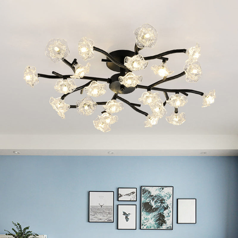 Modern Branch Ceiling Light with Flower Metal Semi Flush Mount Light in Black for Living Room Clearhalo 'Ceiling Lights' 'Close To Ceiling Lights' 'Close to ceiling' 'Glass shade' 'Glass' 'Semi-flushmount' Lighting' 1796253