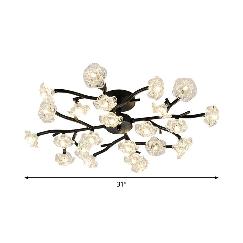 Modern Branch Ceiling Light with Flower Metal Semi Flush Mount Light in Black for Living Room Clearhalo 'Ceiling Lights' 'Close To Ceiling Lights' 'Close to ceiling' 'Glass shade' 'Glass' 'Semi-flushmount' Lighting' 1796256