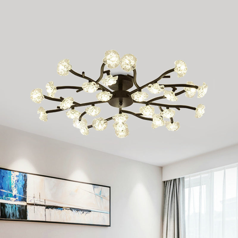 Modern Branch Ceiling Light with Flower Metal Semi Flush Mount Light in Black for Living Room 30 Black Clearhalo 'Ceiling Lights' 'Close To Ceiling Lights' 'Close to ceiling' 'Glass shade' 'Glass' 'Semi-flushmount' Lighting' 1796257