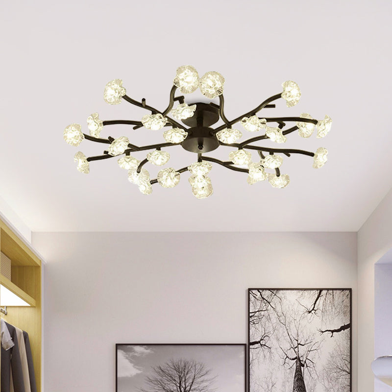 Modern Branch Ceiling Light with Flower Metal Semi Flush Mount Light in Black for Living Room Clearhalo 'Ceiling Lights' 'Close To Ceiling Lights' 'Close to ceiling' 'Glass shade' 'Glass' 'Semi-flushmount' Lighting' 1796258