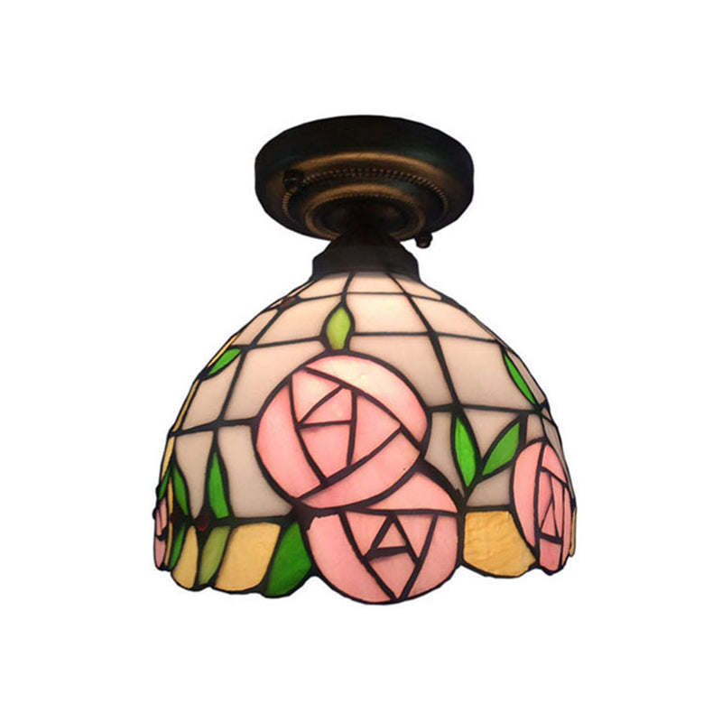 Rustic Tiffany Rose/Morning Glory Flushmount Light 1 Light Stained Glass Ceiling Light in Pink for Cafe Clearhalo 'Ceiling Lights' 'Close To Ceiling Lights' 'Close to ceiling' 'Glass shade' 'Glass' 'Semi-flushmount' 'Tiffany close to ceiling' 'Tiffany' Lighting' 179626