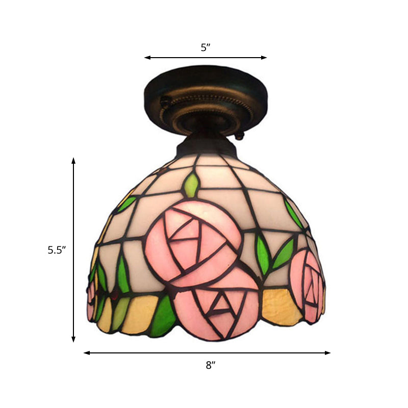Rustic Tiffany Rose/Morning Glory Flushmount Light 1 Light Stained Glass Ceiling Light in Pink for Cafe Clearhalo 'Ceiling Lights' 'Close To Ceiling Lights' 'Close to ceiling' 'Glass shade' 'Glass' 'Semi-flushmount' 'Tiffany close to ceiling' 'Tiffany' Lighting' 179627