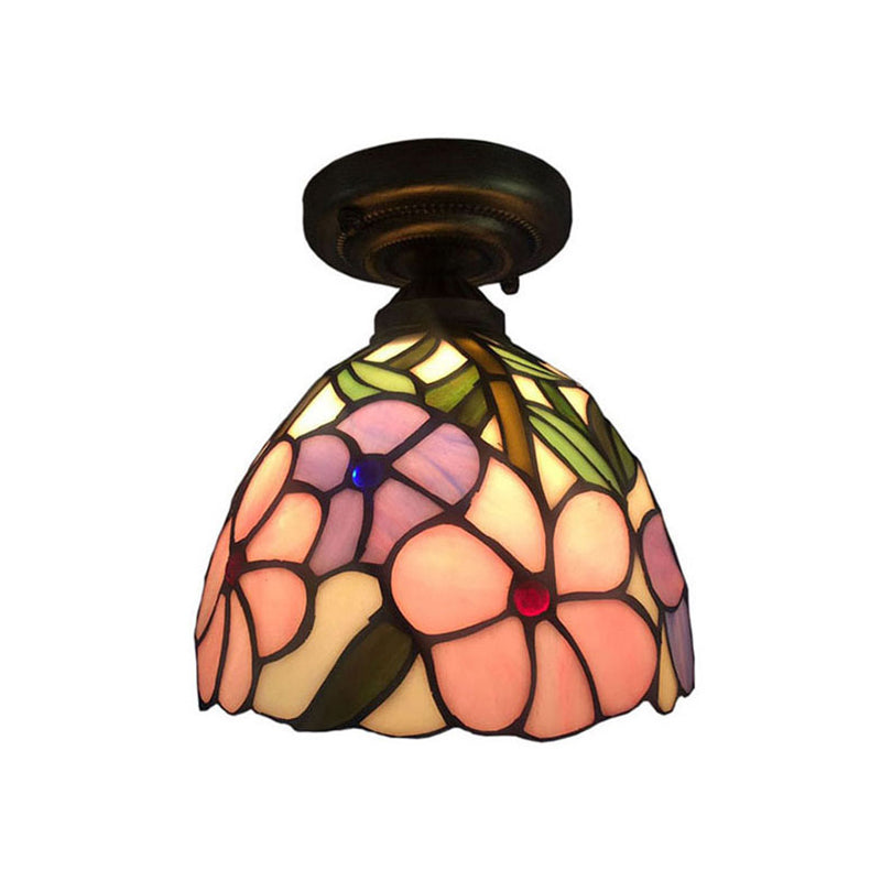 Rustic Tiffany Rose/Morning Glory Flushmount Light 1 Light Stained Glass Ceiling Light in Pink for Cafe Clearhalo 'Ceiling Lights' 'Close To Ceiling Lights' 'Close to ceiling' 'Glass shade' 'Glass' 'Semi-flushmount' 'Tiffany close to ceiling' 'Tiffany' Lighting' 179629