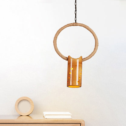 Tube Bistro Hanging Light Fixture Bamboo Rustic Ceiling Pendant Light with Ring in Beige 1 Yellow Clearhalo 'Ceiling Lights' 'Pendant Lights' 'Pendants' Lighting' 1796323_f5f51208-dbec-4314-b1b8-087b00c54c1b