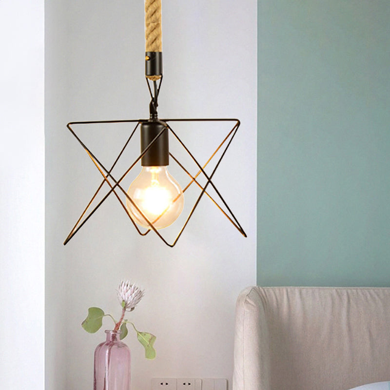 1 Light Metal and Rope Hanging Light Farmhouse Style Black Globe/Cylinder/Barrel Cage Dining Room Pendant Lamp Clearhalo 'Art Deco Pendants' 'Black' 'Cast Iron' 'Ceiling Lights' 'Ceramic' 'Crystal' 'Industrial Pendants' 'Industrial' 'Metal' 'Middle Century Pendants' 'Pendant Lights' 'Pendants' 'Rustic Pendants' 'Tiffany' Lighting' 1796343