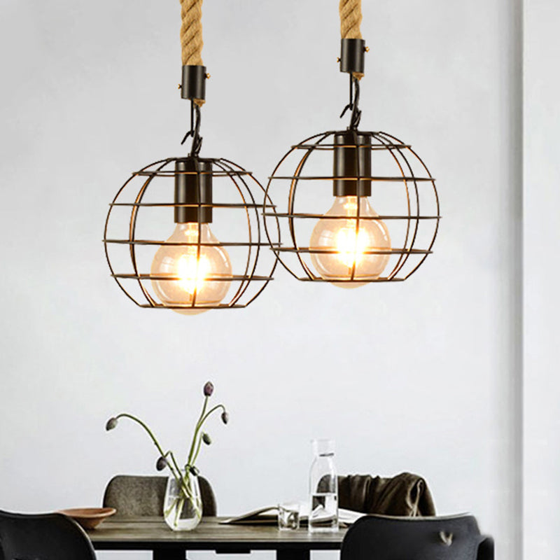 1 Light Metal and Rope Hanging Light Farmhouse Style Black Globe/Cylinder/Barrel Cage Dining Room Pendant Lamp Clearhalo 'Art Deco Pendants' 'Black' 'Cast Iron' 'Ceiling Lights' 'Ceramic' 'Crystal' 'Industrial Pendants' 'Industrial' 'Metal' 'Middle Century Pendants' 'Pendant Lights' 'Pendants' 'Rustic Pendants' 'Tiffany' Lighting' 1796347
