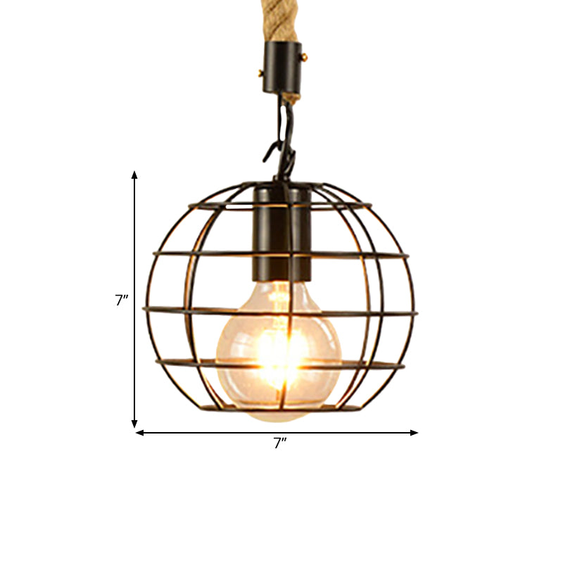 1 Light Metal and Rope Hanging Light Farmhouse Style Black Globe/Cylinder/Barrel Cage Dining Room Pendant Lamp Clearhalo 'Art Deco Pendants' 'Black' 'Cast Iron' 'Ceiling Lights' 'Ceramic' 'Crystal' 'Industrial Pendants' 'Industrial' 'Metal' 'Middle Century Pendants' 'Pendant Lights' 'Pendants' 'Rustic Pendants' 'Tiffany' Lighting' 1796351